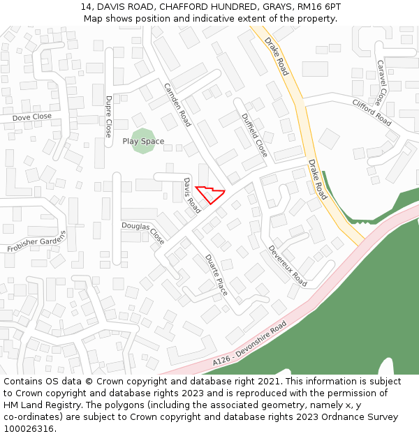 14, DAVIS ROAD, CHAFFORD HUNDRED, GRAYS, RM16 6PT: Location map and indicative extent of plot