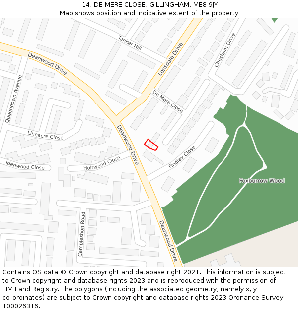 14, DE MERE CLOSE, GILLINGHAM, ME8 9JY: Location map and indicative extent of plot