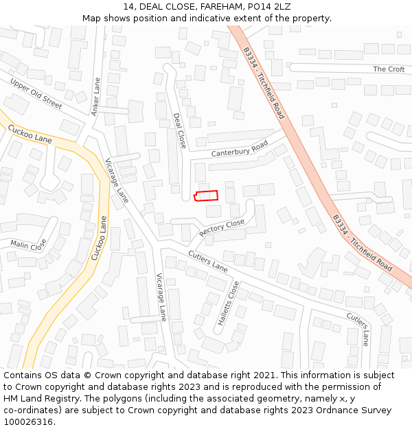 14, DEAL CLOSE, FAREHAM, PO14 2LZ: Location map and indicative extent of plot