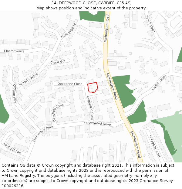 14, DEEPWOOD CLOSE, CARDIFF, CF5 4SJ: Location map and indicative extent of plot