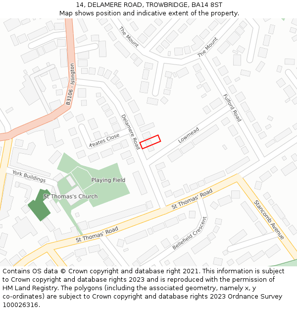 14, DELAMERE ROAD, TROWBRIDGE, BA14 8ST: Location map and indicative extent of plot