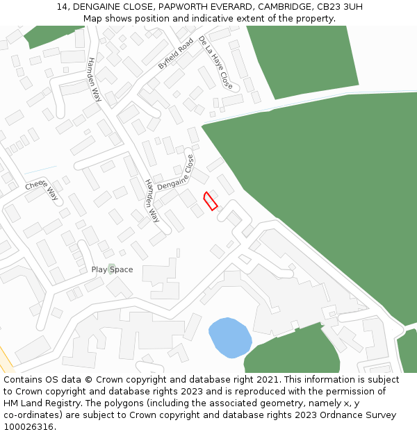 14, DENGAINE CLOSE, PAPWORTH EVERARD, CAMBRIDGE, CB23 3UH: Location map and indicative extent of plot