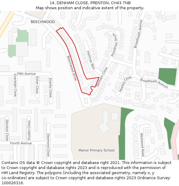 14, DENHAM CLOSE, PRENTON, CH43 7NB: Location map and indicative extent of plot