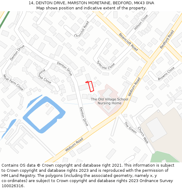 14, DENTON DRIVE, MARSTON MORETAINE, BEDFORD, MK43 0NA: Location map and indicative extent of plot