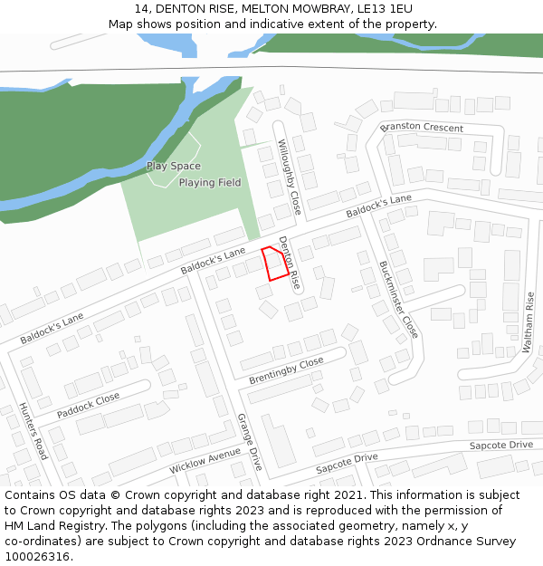 14, DENTON RISE, MELTON MOWBRAY, LE13 1EU: Location map and indicative extent of plot