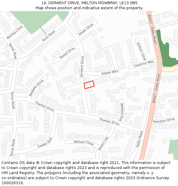 14, DERWENT DRIVE, MELTON MOWBRAY, LE13 0BS: Location map and indicative extent of plot