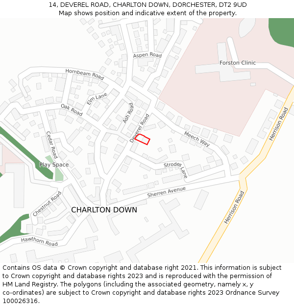 14, DEVEREL ROAD, CHARLTON DOWN, DORCHESTER, DT2 9UD: Location map and indicative extent of plot