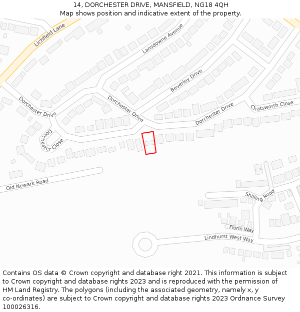 14, DORCHESTER DRIVE, MANSFIELD, NG18 4QH: Location map and indicative extent of plot