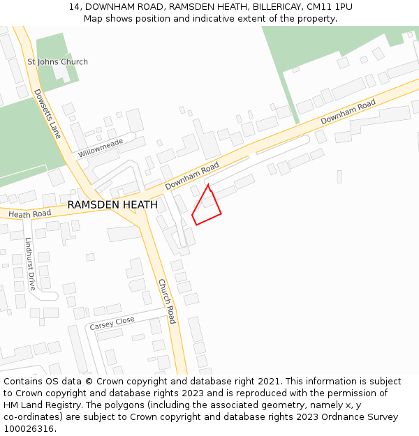 14, DOWNHAM ROAD, RAMSDEN HEATH, BILLERICAY, CM11 1PU: Location map and indicative extent of plot