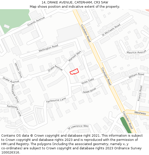 14, DRAKE AVENUE, CATERHAM, CR3 5AW: Location map and indicative extent of plot