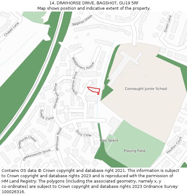 14, DRAYHORSE DRIVE, BAGSHOT, GU19 5RF: Location map and indicative extent of plot