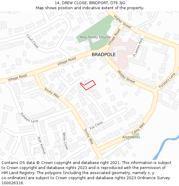 14, DREW CLOSE, BRIDPORT, DT6 3JG: Location map and indicative extent of plot