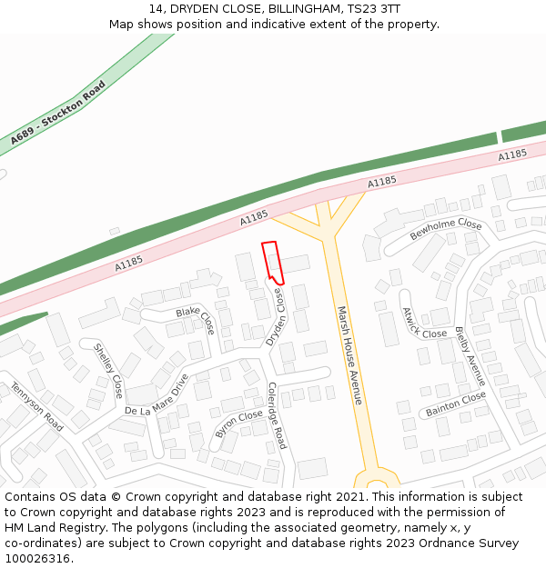 14, DRYDEN CLOSE, BILLINGHAM, TS23 3TT: Location map and indicative extent of plot