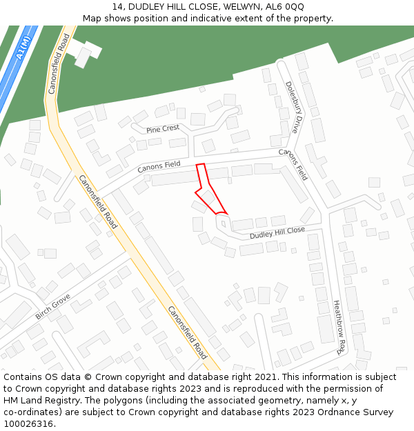 14, DUDLEY HILL CLOSE, WELWYN, AL6 0QQ: Location map and indicative extent of plot