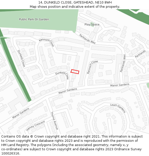 14, DUNKELD CLOSE, GATESHEAD, NE10 8WH: Location map and indicative extent of plot