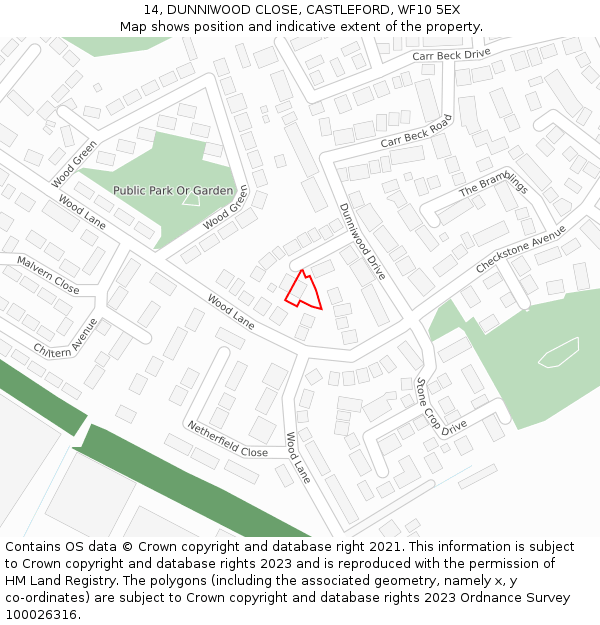 14, DUNNIWOOD CLOSE, CASTLEFORD, WF10 5EX: Location map and indicative extent of plot