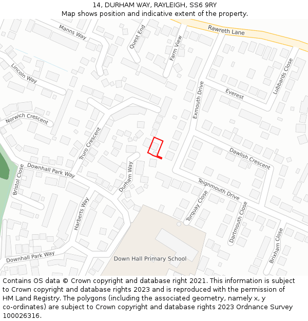 14, DURHAM WAY, RAYLEIGH, SS6 9RY: Location map and indicative extent of plot