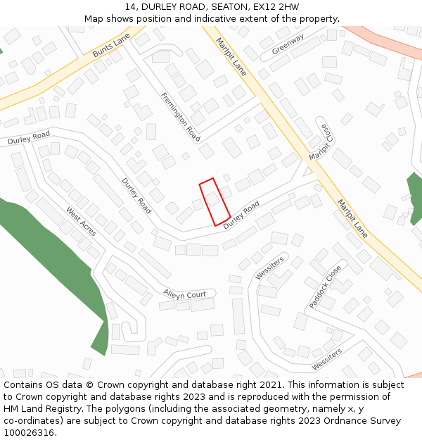 14, DURLEY ROAD, SEATON, EX12 2HW: Location map and indicative extent of plot