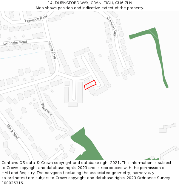 14, DURNSFORD WAY, CRANLEIGH, GU6 7LN: Location map and indicative extent of plot