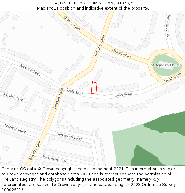 14, DYOTT ROAD, BIRMINGHAM, B13 9QY: Location map and indicative extent of plot