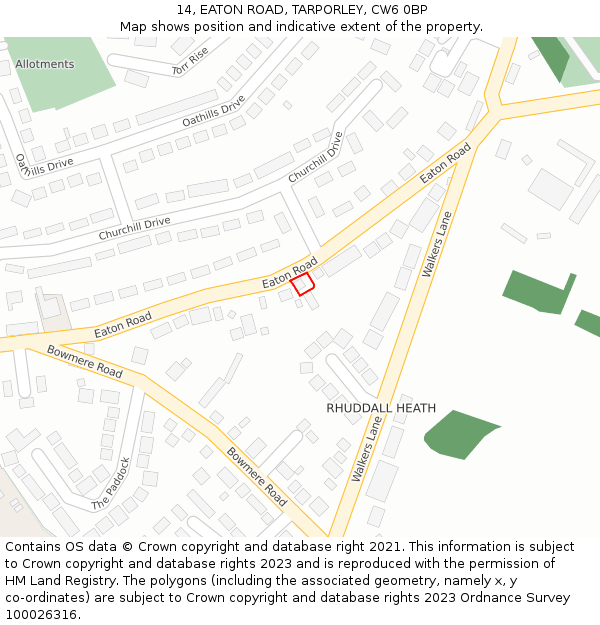 14, EATON ROAD, TARPORLEY, CW6 0BP: Location map and indicative extent of plot