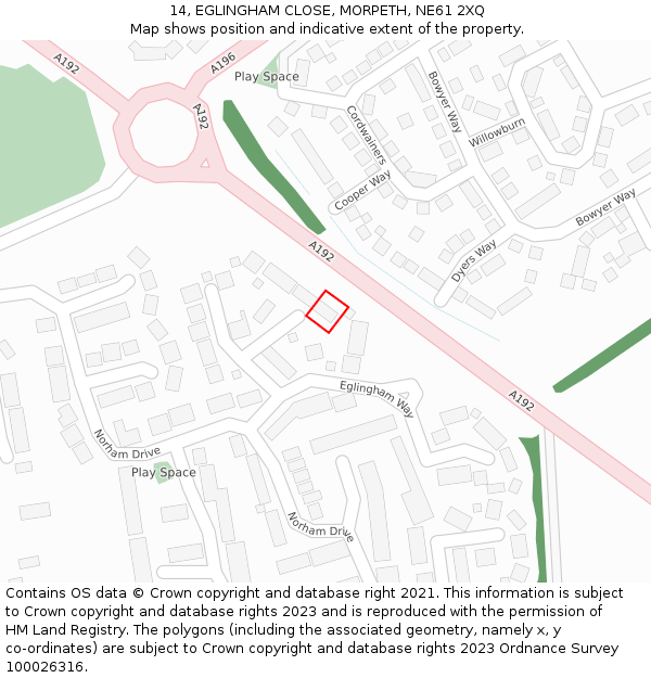 14, EGLINGHAM CLOSE, MORPETH, NE61 2XQ: Location map and indicative extent of plot