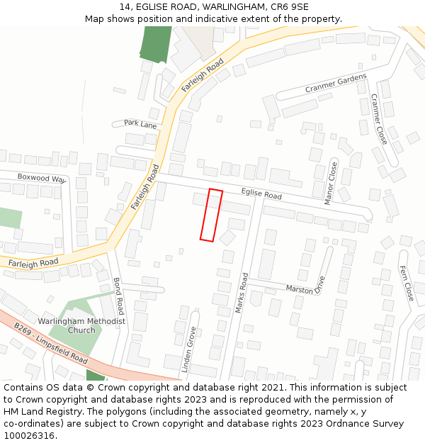14, EGLISE ROAD, WARLINGHAM, CR6 9SE: Location map and indicative extent of plot
