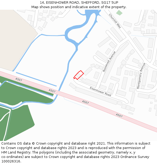 14, EISENHOWER ROAD, SHEFFORD, SG17 5UP: Location map and indicative extent of plot