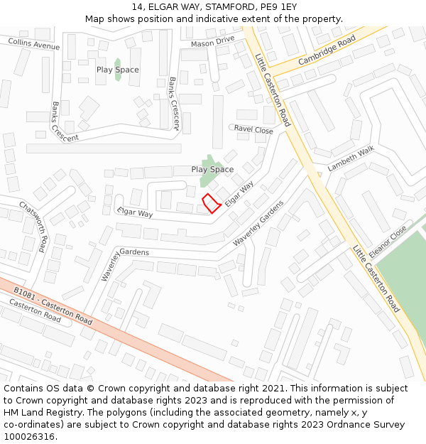 14, ELGAR WAY, STAMFORD, PE9 1EY: Location map and indicative extent of plot