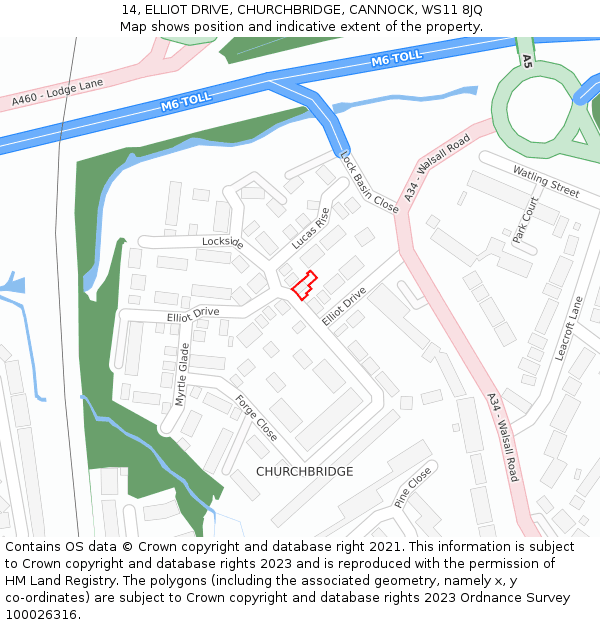 14, ELLIOT DRIVE, CHURCHBRIDGE, CANNOCK, WS11 8JQ: Location map and indicative extent of plot