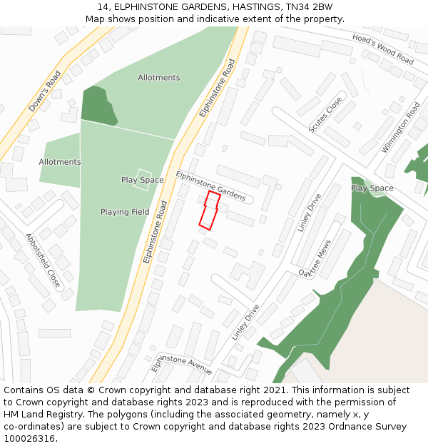 14, ELPHINSTONE GARDENS, HASTINGS, TN34 2BW: Location map and indicative extent of plot