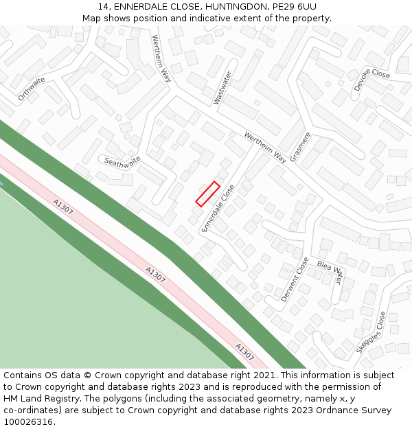 14, ENNERDALE CLOSE, HUNTINGDON, PE29 6UU: Location map and indicative extent of plot