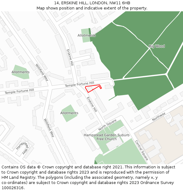 14, ERSKINE HILL, LONDON, NW11 6HB: Location map and indicative extent of plot