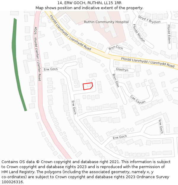 14, ERW GOCH, RUTHIN, LL15 1RR: Location map and indicative extent of plot