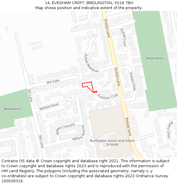 14, EVESHAM CROFT, BRIDLINGTON, YO16 7BH: Location map and indicative extent of plot