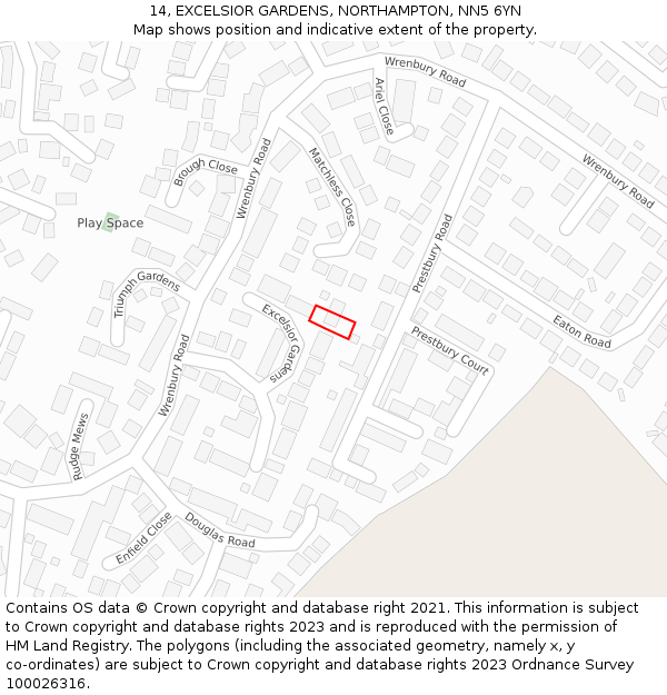 14, EXCELSIOR GARDENS, NORTHAMPTON, NN5 6YN: Location map and indicative extent of plot