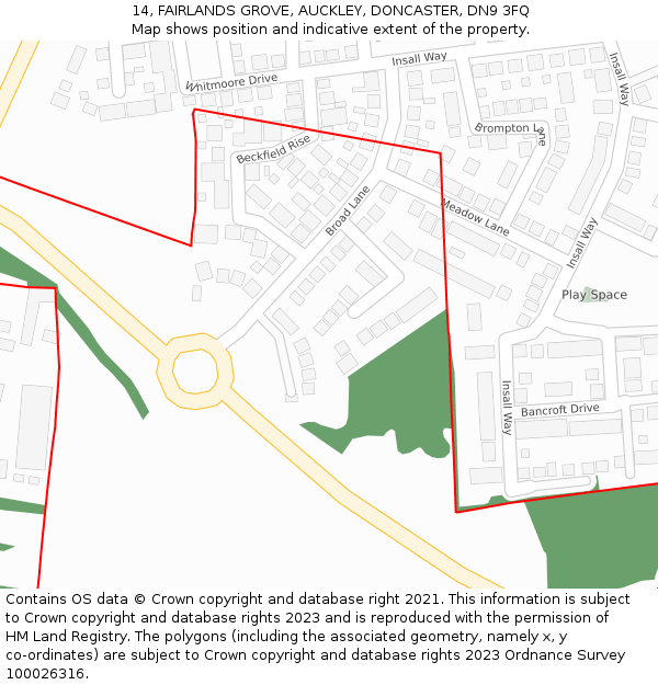 14, FAIRLANDS GROVE, AUCKLEY, DONCASTER, DN9 3FQ: Location map and indicative extent of plot