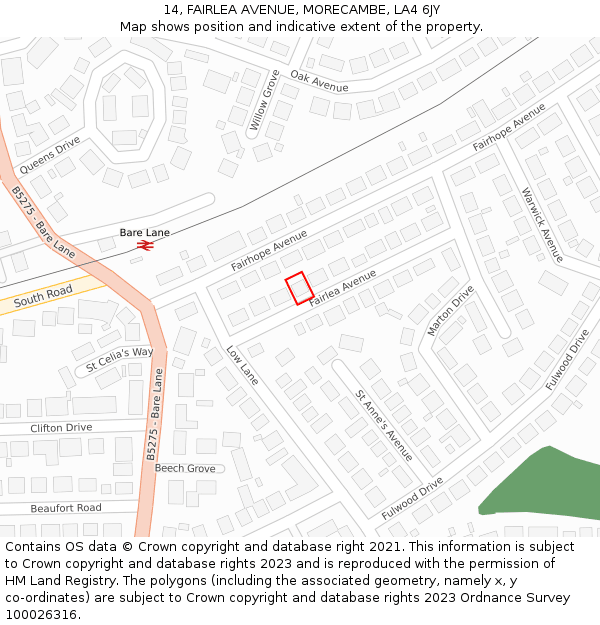 14, FAIRLEA AVENUE, MORECAMBE, LA4 6JY: Location map and indicative extent of plot
