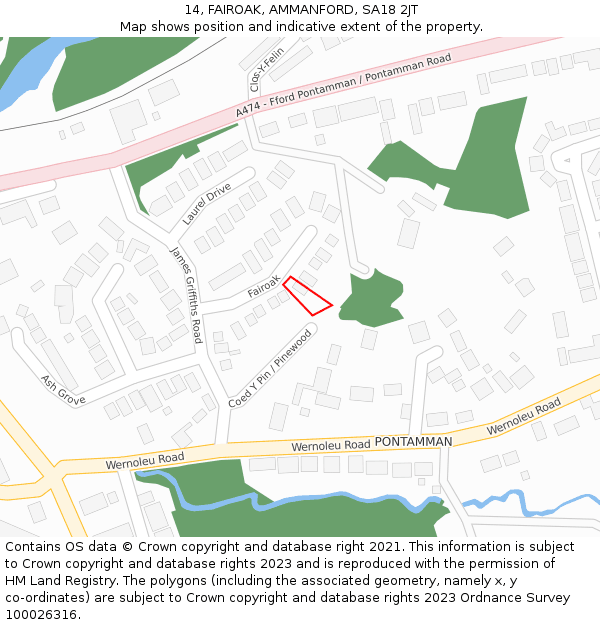 14, FAIROAK, AMMANFORD, SA18 2JT: Location map and indicative extent of plot