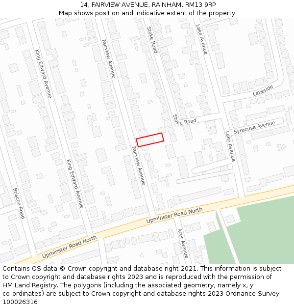 14, FAIRVIEW AVENUE, RAINHAM, RM13 9RP: Location map and indicative extent of plot