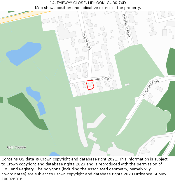 14, FAIRWAY CLOSE, LIPHOOK, GU30 7XD: Location map and indicative extent of plot