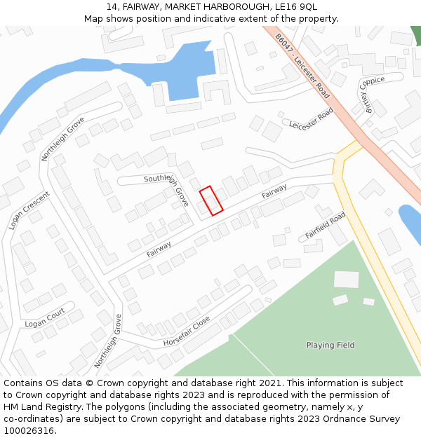 14, FAIRWAY, MARKET HARBOROUGH, LE16 9QL: Location map and indicative extent of plot
