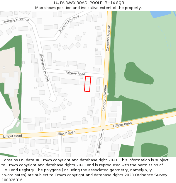 14, FAIRWAY ROAD, POOLE, BH14 8QB: Location map and indicative extent of plot