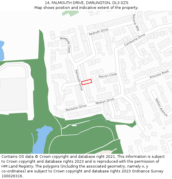 14, FALMOUTH DRIVE, DARLINGTON, DL3 0ZS: Location map and indicative extent of plot