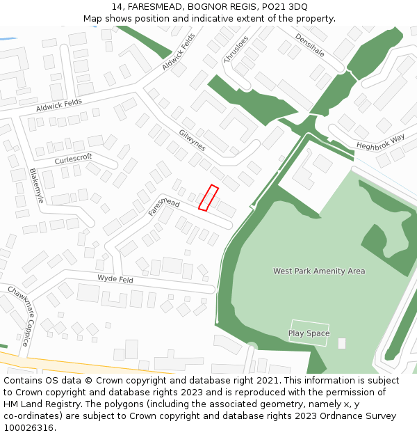 14, FARESMEAD, BOGNOR REGIS, PO21 3DQ: Location map and indicative extent of plot