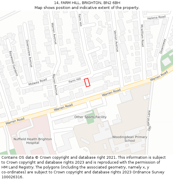 14, FARM HILL, BRIGHTON, BN2 6BH: Location map and indicative extent of plot