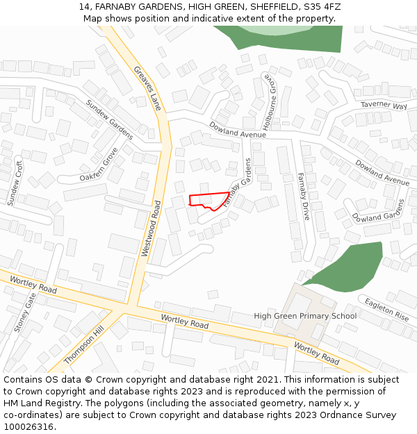 14, FARNABY GARDENS, HIGH GREEN, SHEFFIELD, S35 4FZ: Location map and indicative extent of plot
