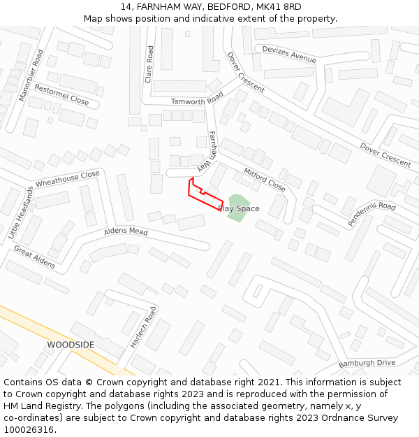 14, FARNHAM WAY, BEDFORD, MK41 8RD: Location map and indicative extent of plot