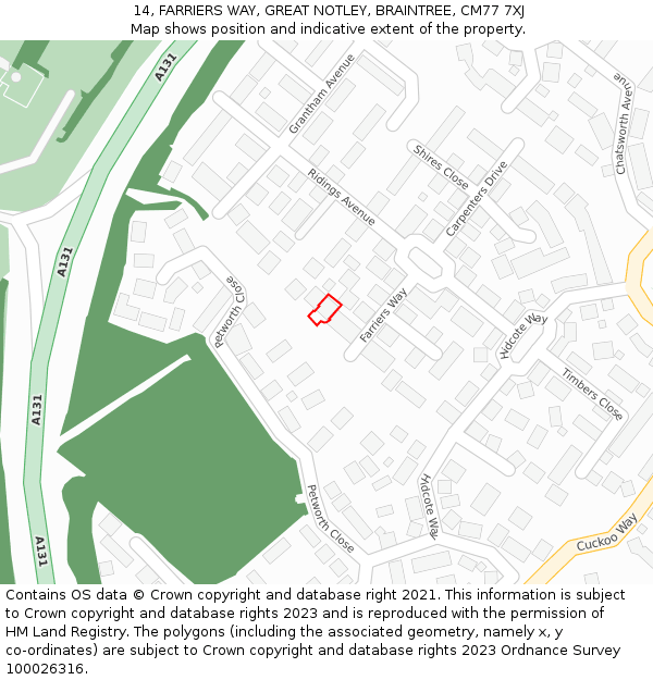 14, FARRIERS WAY, GREAT NOTLEY, BRAINTREE, CM77 7XJ: Location map and indicative extent of plot