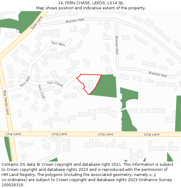 14, FERN CHASE, LEEDS, LS14 3JL: Location map and indicative extent of plot